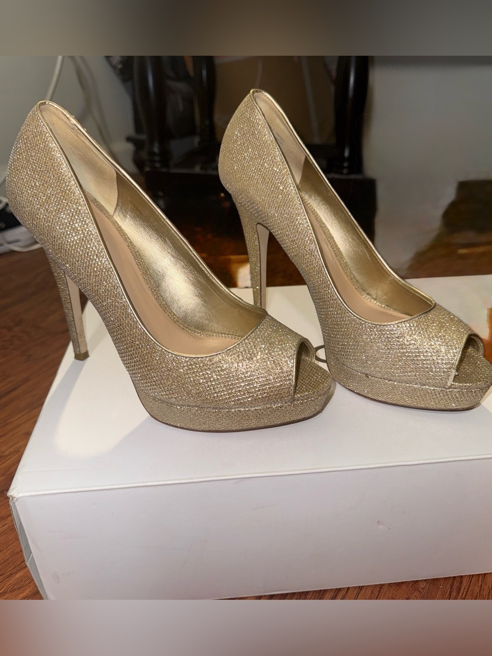 Aldo Metallic Gold Peep-Toe High Heels